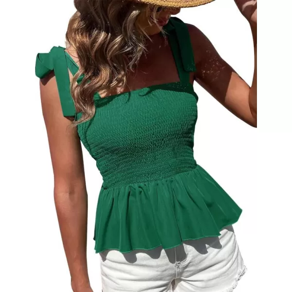imageBTFBM Women Ruffle Smocked Tank Top Square Neck Sleeveless Camisole Tie Shoulder Beach Casual Summer Blouse Shirts 2023Solid Dark Green