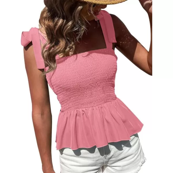 imageBTFBM Women Ruffle Smocked Tank Top Square Neck Sleeveless Camisole Tie Shoulder Beach Casual Summer Blouse Shirts 2023Solid Pink