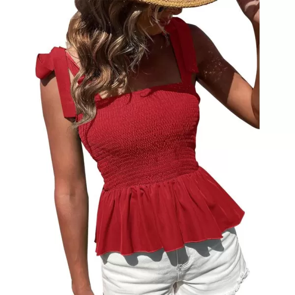 imageBTFBM Women Ruffle Smocked Tank Top Square Neck Sleeveless Camisole Tie Shoulder Beach Casual Summer Blouse Shirts 2023Solid Red