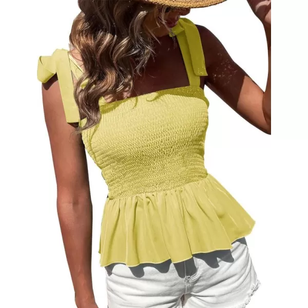 imageBTFBM Women Ruffle Smocked Tank Top Square Neck Sleeveless Camisole Tie Shoulder Beach Casual Summer Blouse Shirts 2023Solid Yellow