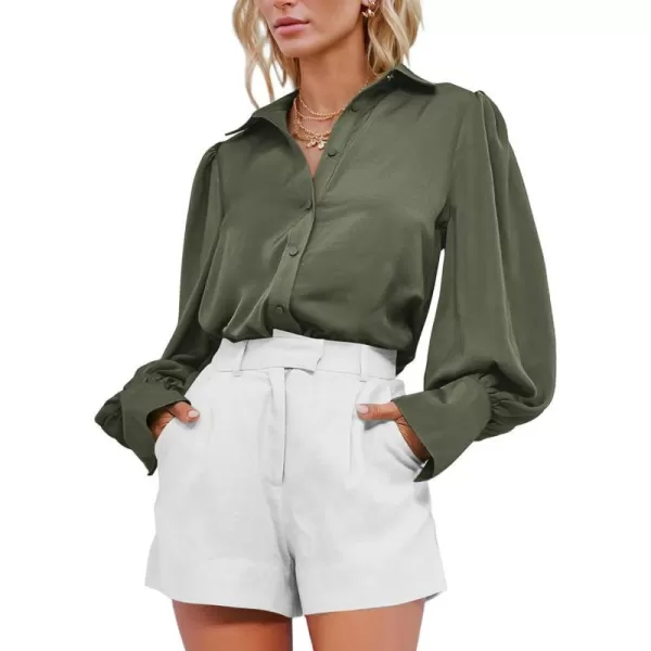 imageBTFBM Women Satin Button Down Shirts Summer Spring Lantern Long Sleeve Lapel V Neck Blouse Loose Casual Office Work TopsSolid Army Green