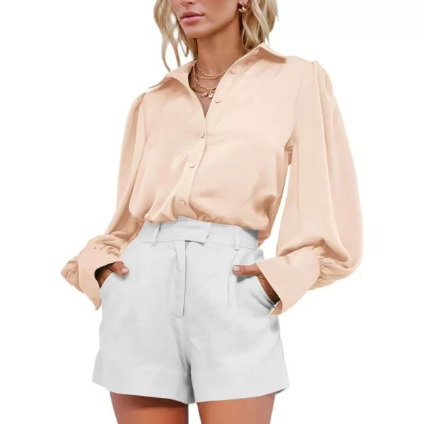 imageBTFBM Women Satin Button Down Shirts Summer Spring Lantern Long Sleeve Lapel V Neck Blouse Loose Casual Office Work TopsSolid Beige