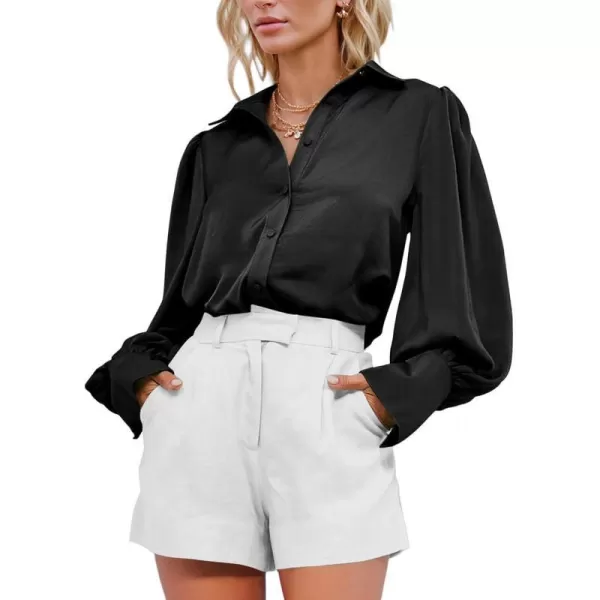 imageBTFBM Women Satin Button Down Shirts Summer Spring Lantern Long Sleeve Lapel V Neck Blouse Loose Casual Office Work TopsSolid Black