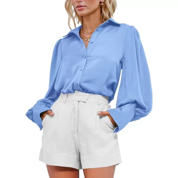 imageBTFBM Women Satin Button Down Shirts Summer Spring Lantern Long Sleeve Lapel V Neck Blouse Loose Casual Office Work TopsSolid Blue