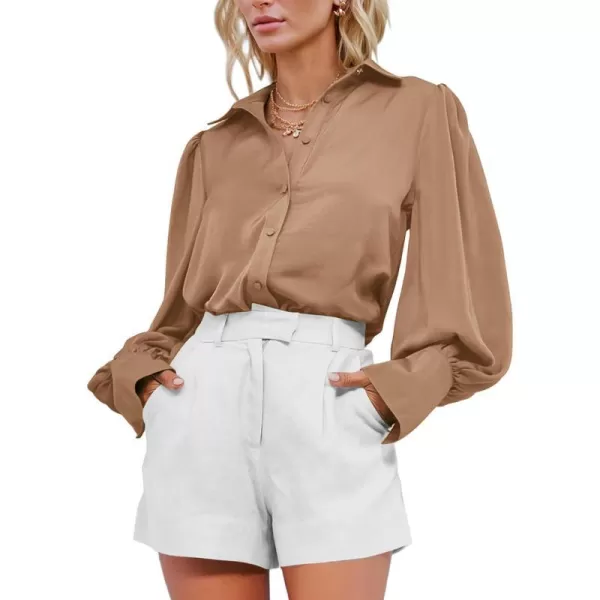 imageBTFBM Women Satin Button Down Shirts Summer Spring Lantern Long Sleeve Lapel V Neck Blouse Loose Casual Office Work TopsSolid Khaki