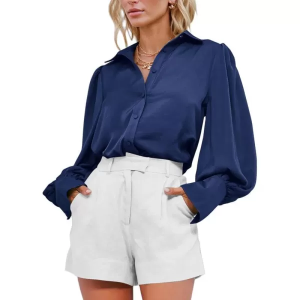imageBTFBM Women Satin Button Down Shirts Summer Spring Lantern Long Sleeve Lapel V Neck Blouse Loose Casual Office Work TopsSolid Navy