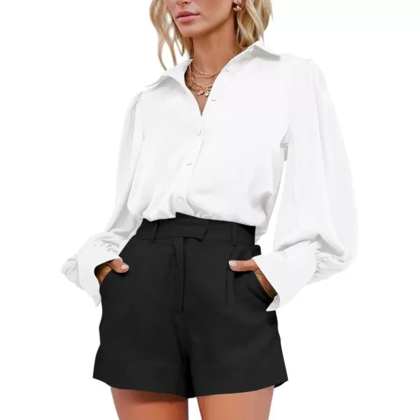 imageBTFBM Women Satin Button Down Shirts Summer Spring Lantern Long Sleeve Lapel V Neck Blouse Loose Casual Office Work TopsSolid White