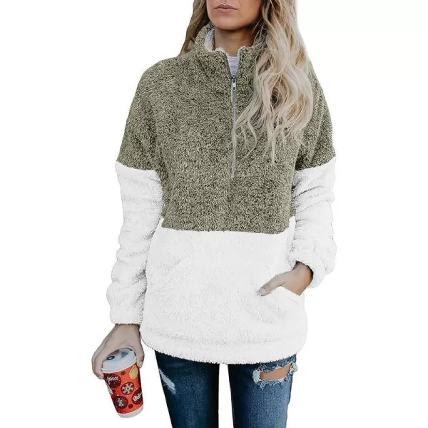 imageBTFBM Women Sherpa Pullover Quarter Zip Long Sleeve Fluffy Soft Fleece Jackets Sweaters Sweatshirts Hoodies Outwear CoatKhaki