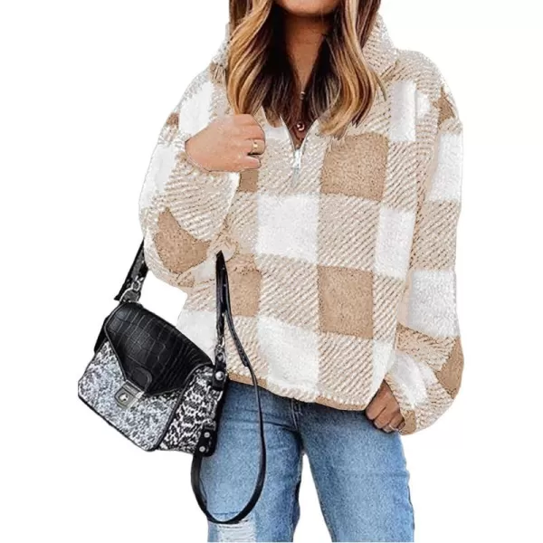 imageBTFBM Women Sherpa Pullover Quarter Zip Long Sleeve Fluffy Soft Fleece Jackets Sweaters Sweatshirts Hoodies Outwear CoatPlaid Apricot