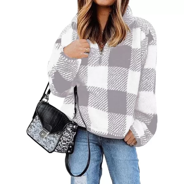 imageBTFBM Women Sherpa Pullover Quarter Zip Long Sleeve Fluffy Soft Fleece Jackets Sweaters Sweatshirts Hoodies Outwear CoatPlaid Beige Grey