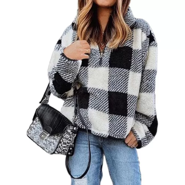imageBTFBM Women Sherpa Pullover Quarter Zip Long Sleeve Fluffy Soft Fleece Jackets Sweaters Sweatshirts Hoodies Outwear CoatPlaid Black