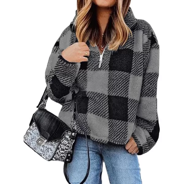 imageBTFBM Women Sherpa Pullover Quarter Zip Long Sleeve Fluffy Soft Fleece Jackets Sweaters Sweatshirts Hoodies Outwear CoatPlaid Black Grey