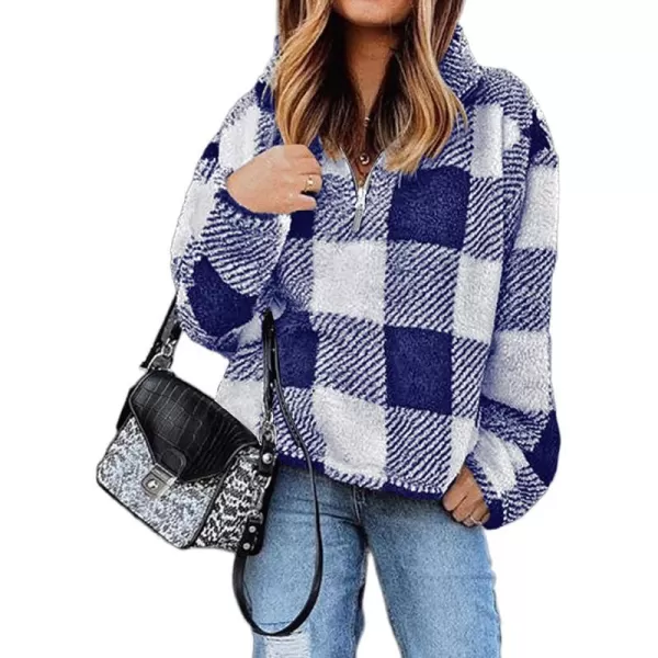 imageBTFBM Women Sherpa Pullover Quarter Zip Long Sleeve Fluffy Soft Fleece Jackets Sweaters Sweatshirts Hoodies Outwear CoatPlaid Blue