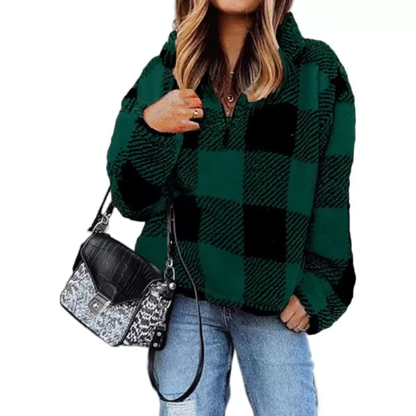 imageBTFBM Women Sherpa Pullover Quarter Zip Long Sleeve Fluffy Soft Fleece Jackets Sweaters Sweatshirts Hoodies Outwear CoatPlaid Green