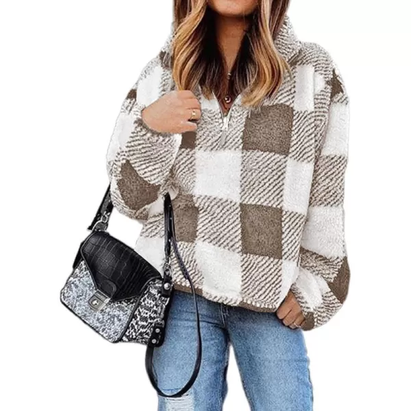 imageBTFBM Women Sherpa Pullover Quarter Zip Long Sleeve Fluffy Soft Fleece Jackets Sweaters Sweatshirts Hoodies Outwear CoatPlaid Khaki