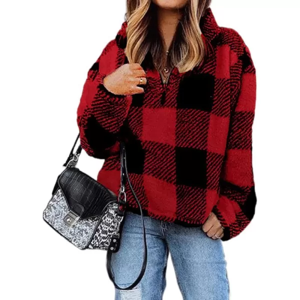 imageBTFBM Women Sherpa Pullover Quarter Zip Long Sleeve Fluffy Soft Fleece Jackets Sweaters Sweatshirts Hoodies Outwear CoatPlaid Red