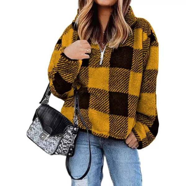 imageBTFBM Women Sherpa Pullover Quarter Zip Long Sleeve Fluffy Soft Fleece Jackets Sweaters Sweatshirts Hoodies Outwear CoatPlaid Yellow