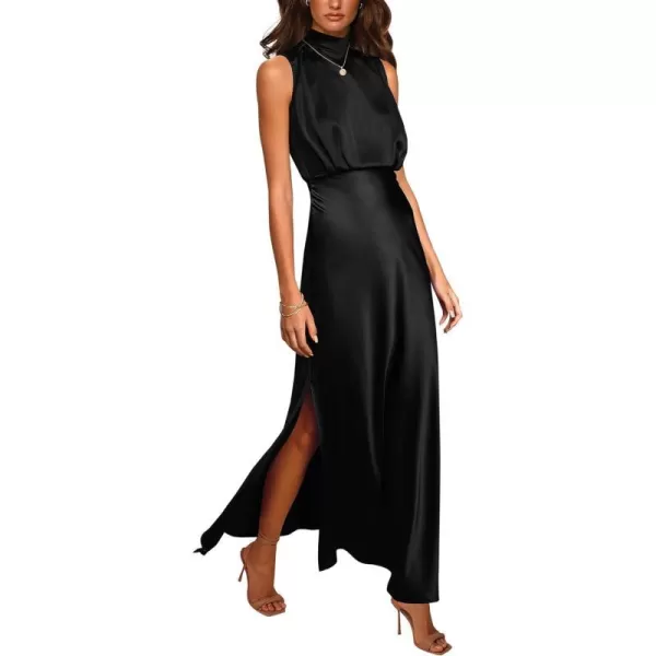 imageBTFBM Women Sleeveless Mock Neck Cocktail Dresses Keyhole Elastic Waist Party Wedding Guest Satin High Split Maxi DressSolid Black
