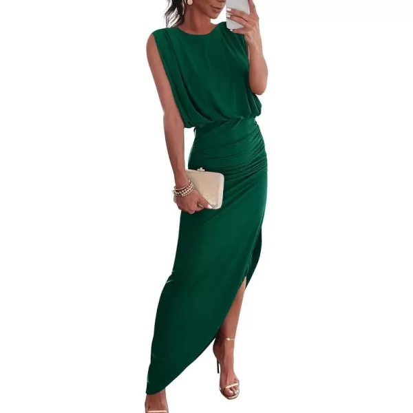 imageBTFBM Women Sleeveless Ruched Bodycon Dress 2023 Summer High Waist Asymmetrical Slit Formal Party Cocktail Maxi DressesSolid Dark Green