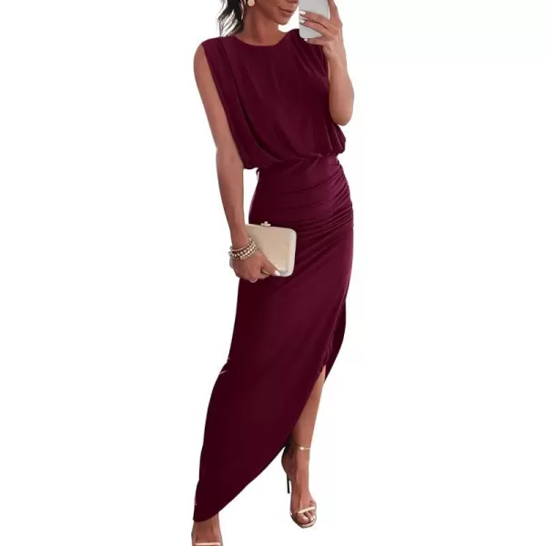 imageBTFBM Women Sleeveless Ruched Bodycon Dress 2023 Summer High Waist Asymmetrical Slit Formal Party Cocktail Maxi DressesSolid Wine Red