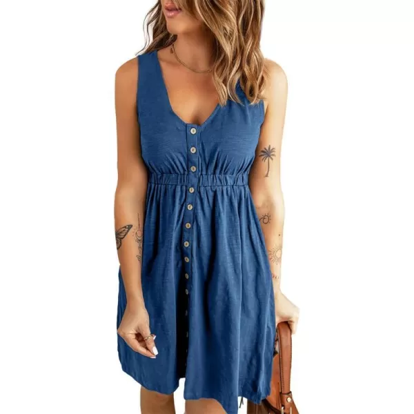 imageBTFBM Women Sleeveless Summer Dress 2023 Crewneck Ribbed Knit Ruffle Swing Button Down Beach Sun Mini Tank Short DressesButtons Royal Blue