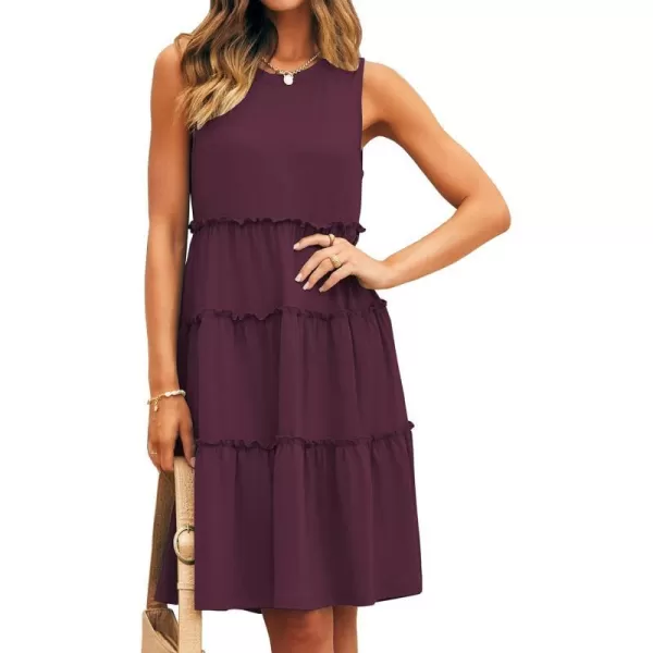 imageBTFBM Women Sleeveless Summer Dress 2023 Crewneck Ribbed Knit Ruffle Swing Button Down Beach Sun Mini Tank Short DressesTiered Wine Red