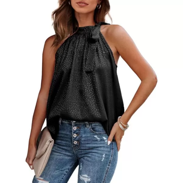 imageBTFBM Women Sleeveless Tie Mock Neck Summer Tops Loose Casual Side Bow Satin Halter Tank Top Blouse ShirtsHalter Black