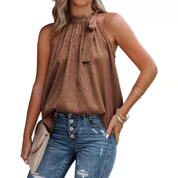 imageBTFBM Women Sleeveless Tie Mock Neck Summer Tops Loose Casual Side Bow Satin Halter Tank Top Blouse ShirtsHalter Dark Brown