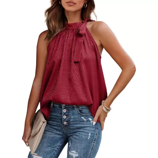 imageBTFBM Women Sleeveless Tie Mock Neck Summer Tops Loose Casual Side Bow Satin Halter Tank Top Blouse ShirtsHalter Wine Red