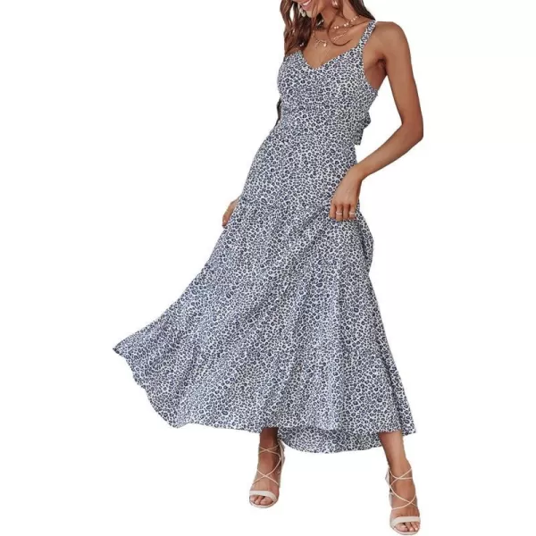 imageBTFBM Women Sleeveless V Neck Summer Maxi Dresses 2023 Print Backless Strap Tie Back Beach Party Pleated Long Boho DressDot White Blue