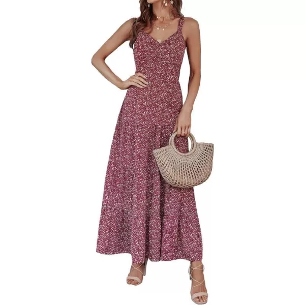 imageBTFBM Women Sleeveless V Neck Summer Maxi Dresses 2023 Print Backless Strap Tie Back Beach Party Pleated Long Boho DressFloral Wine Red