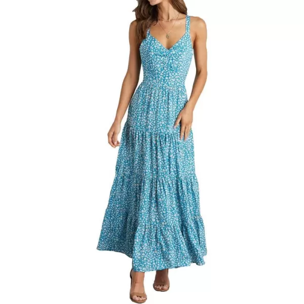 imageBTFBM Women Sleeveless V Neck Summer Maxi Dresses 2023 Print Backless Strap Tie Back Beach Party Pleated Long Boho DressLeopard Blue White