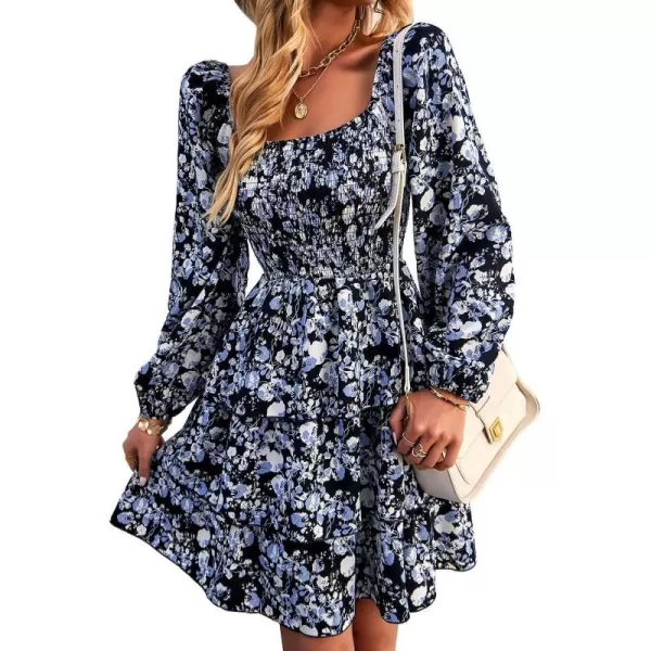imageBTFBM Women Square Neck Smocked Summer Fall Dresses 2023 Long Sleeve Floral Swiss Dot Ruffle Party Mini Babydoll DressFloral Black White