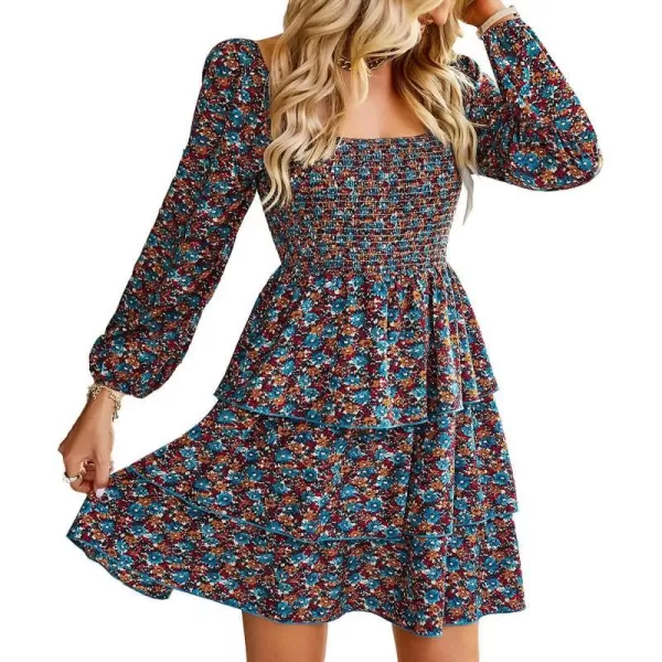 imageBTFBM Women Square Neck Smocked Summer Fall Dresses 2023 Long Sleeve Floral Swiss Dot Ruffle Party Mini Babydoll DressFloral Blue Orange