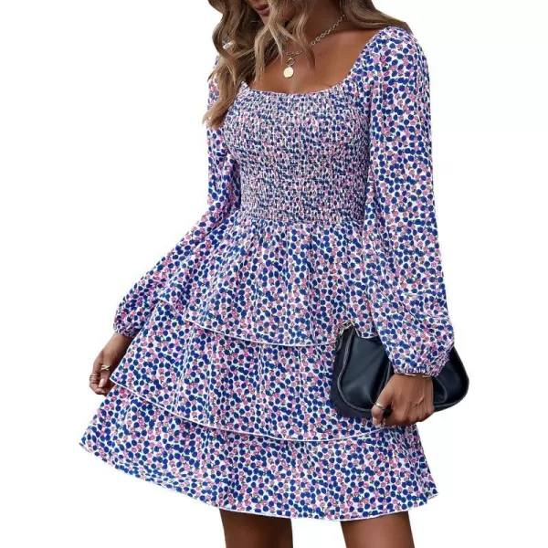 imageBTFBM Women Square Neck Smocked Summer Fall Dresses 2023 Long Sleeve Floral Swiss Dot Ruffle Party Mini Babydoll DressFloral Blue Pink