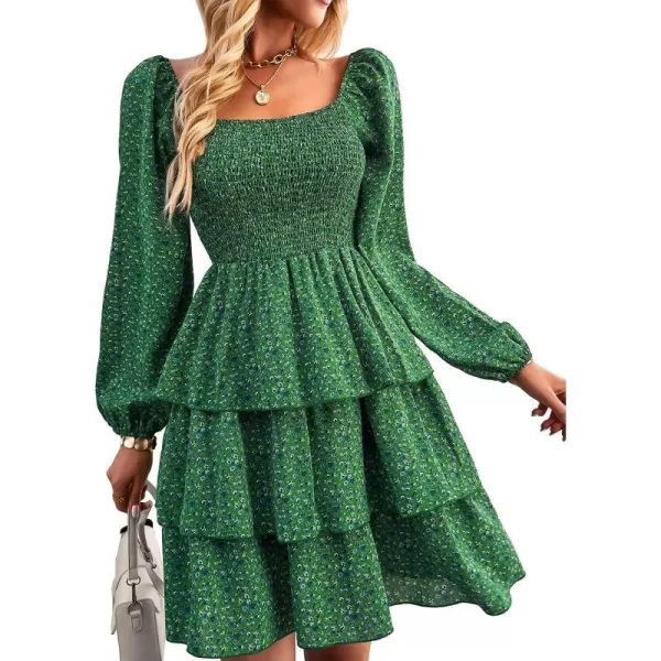 imageBTFBM Women Square Neck Smocked Summer Fall Dresses 2023 Long Sleeve Floral Swiss Dot Ruffle Party Mini Babydoll DressFloral Green Blue