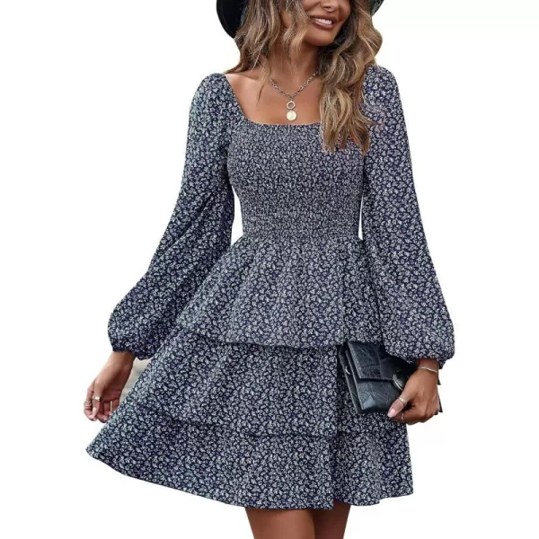 imageBTFBM Women Square Neck Smocked Summer Fall Dresses 2023 Long Sleeve Floral Swiss Dot Ruffle Party Mini Babydoll DressFloral Navy