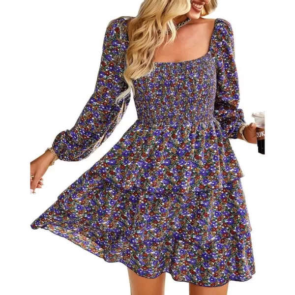imageBTFBM Women Square Neck Smocked Summer Fall Dresses 2023 Long Sleeve Floral Swiss Dot Ruffle Party Mini Babydoll DressFloral Purple Red