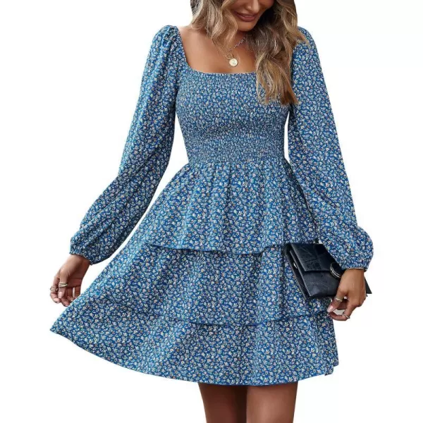 imageBTFBM Women Square Neck Smocked Summer Fall Dresses 2023 Long Sleeve Floral Swiss Dot Ruffle Party Mini Babydoll DressFloral Royal Blue