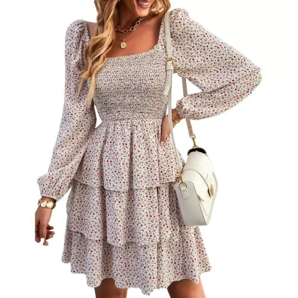 imageBTFBM Women Square Neck Smocked Summer Fall Dresses 2023 Long Sleeve Floral Swiss Dot Ruffle Party Mini Babydoll DressFloral White Red