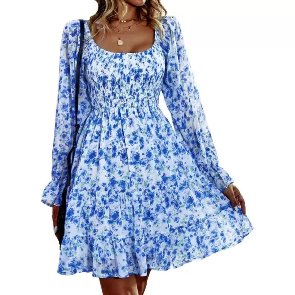 imageBTFBM Women Square Neck Smocked Summer Fall Dresses 2023 Long Sleeve Floral Swiss Dot Ruffle Party Mini Babydoll DressPrint Flower Blue