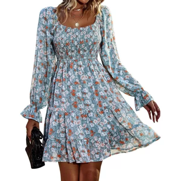 imageBTFBM Women Square Neck Smocked Summer Fall Dresses 2023 Long Sleeve Floral Swiss Dot Ruffle Party Mini Babydoll DressPrint Flower Green
