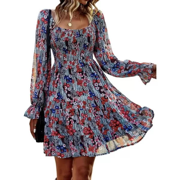 imageBTFBM Women Square Neck Smocked Summer Fall Dresses 2023 Long Sleeve Floral Swiss Dot Ruffle Party Mini Babydoll DressPrint Flower Red