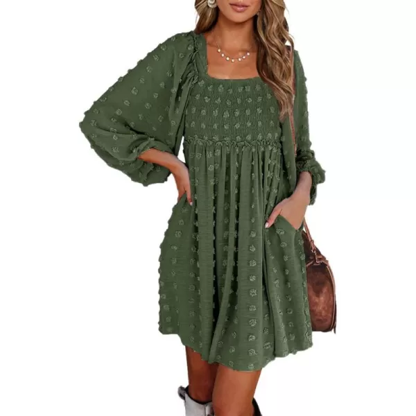 imageBTFBM Women Square Neck Smocked Summer Fall Dresses 2023 Long Sleeve Floral Swiss Dot Ruffle Party Mini Babydoll DressSwiss Dot Army Green