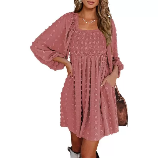 imageBTFBM Women Square Neck Smocked Summer Fall Dresses 2023 Long Sleeve Floral Swiss Dot Ruffle Party Mini Babydoll DressSwiss Dot Bean Paste Red