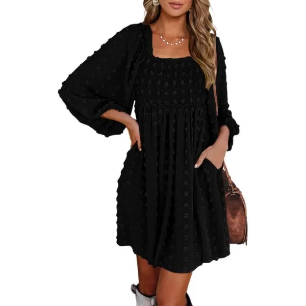 imageBTFBM Women Square Neck Smocked Summer Fall Dresses 2023 Long Sleeve Floral Swiss Dot Ruffle Party Mini Babydoll DressSwiss Dot Black
