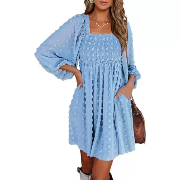 imageBTFBM Women Square Neck Smocked Summer Fall Dresses 2023 Long Sleeve Floral Swiss Dot Ruffle Party Mini Babydoll DressSwiss Dot Blue