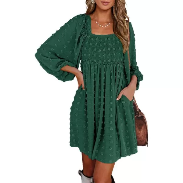 imageBTFBM Women Square Neck Smocked Summer Fall Dresses 2023 Long Sleeve Floral Swiss Dot Ruffle Party Mini Babydoll DressSwiss Dot Dark Green