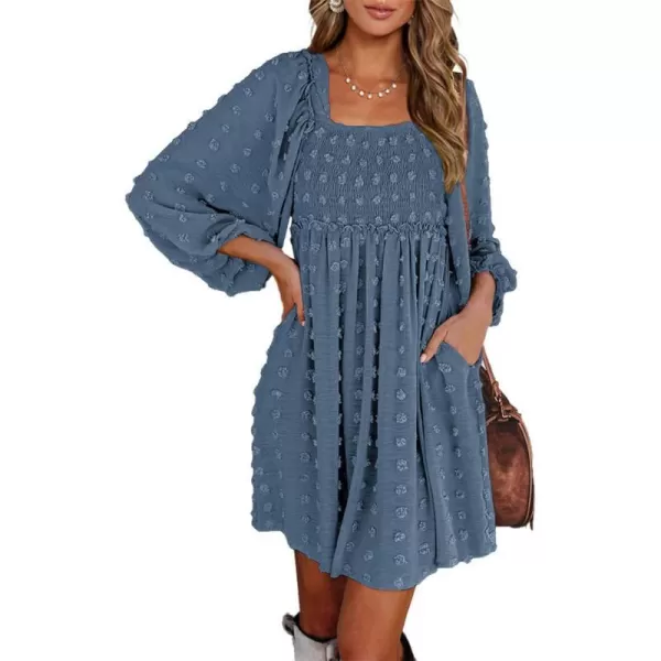 imageBTFBM Women Square Neck Smocked Summer Fall Dresses 2023 Long Sleeve Floral Swiss Dot Ruffle Party Mini Babydoll DressSwiss Dot Grey Blue