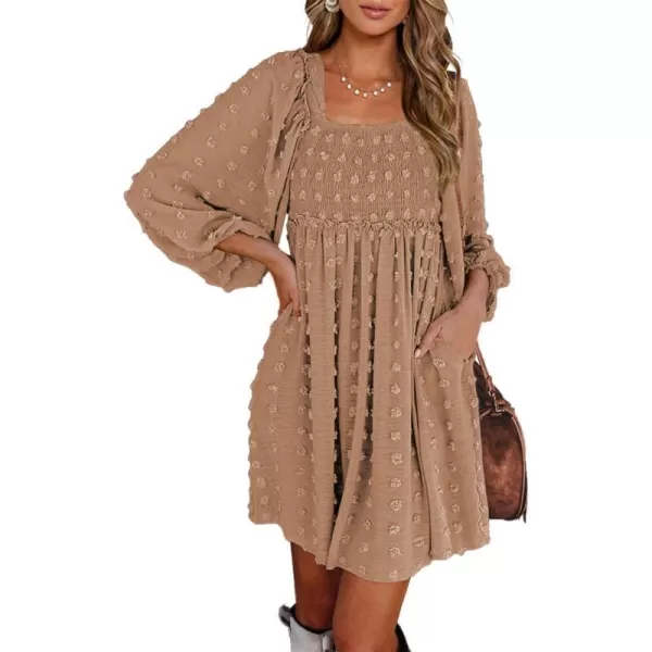 imageBTFBM Women Square Neck Smocked Summer Fall Dresses 2023 Long Sleeve Floral Swiss Dot Ruffle Party Mini Babydoll DressSwiss Dot Khaki